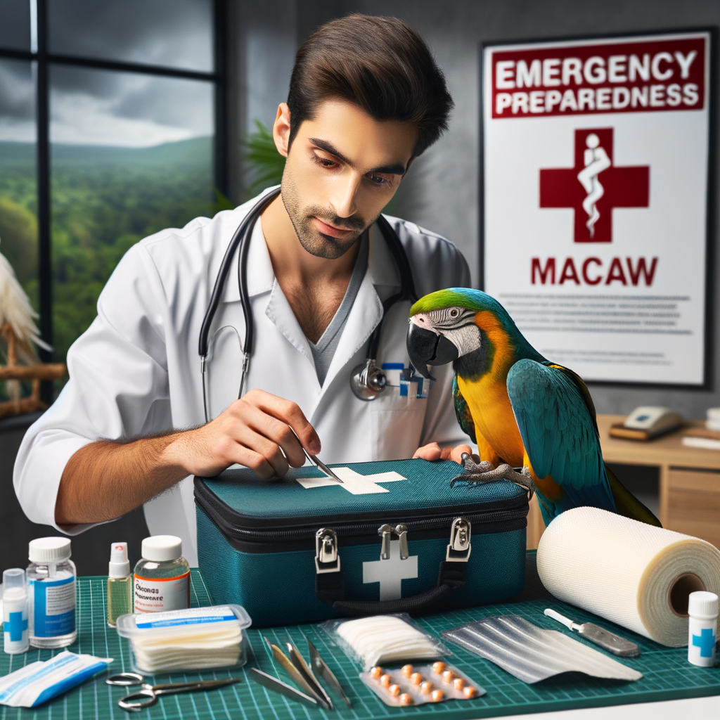 Veterinarian assembling a Macaw First Aid Kit with essential items, promoting Bird Emergency Preparedness and Macaw Health Care for an article on creating a Parrot First Aid Kit.