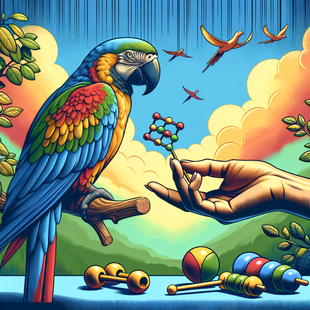 Macaw stress reduction strategies demonstrated by a serene Macaw playing with toys and interacting with a human hand, symbolizing Macaw mental health care and stress management.