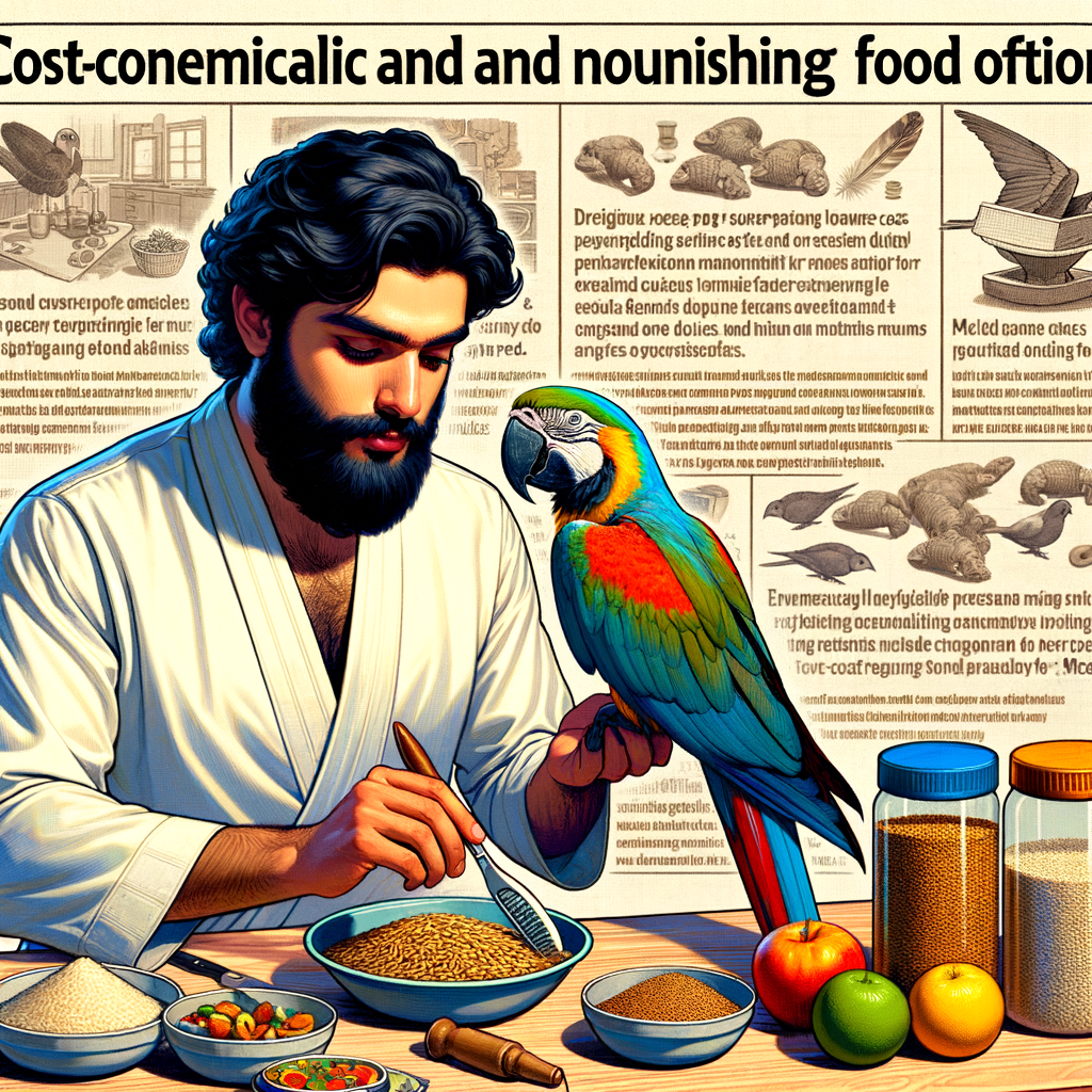 Budget-conscious pet owner preparing affordable and nutritious Macaw food, with tips and tricks for economical Macaw feeding methods and low-cost diet options in the background.