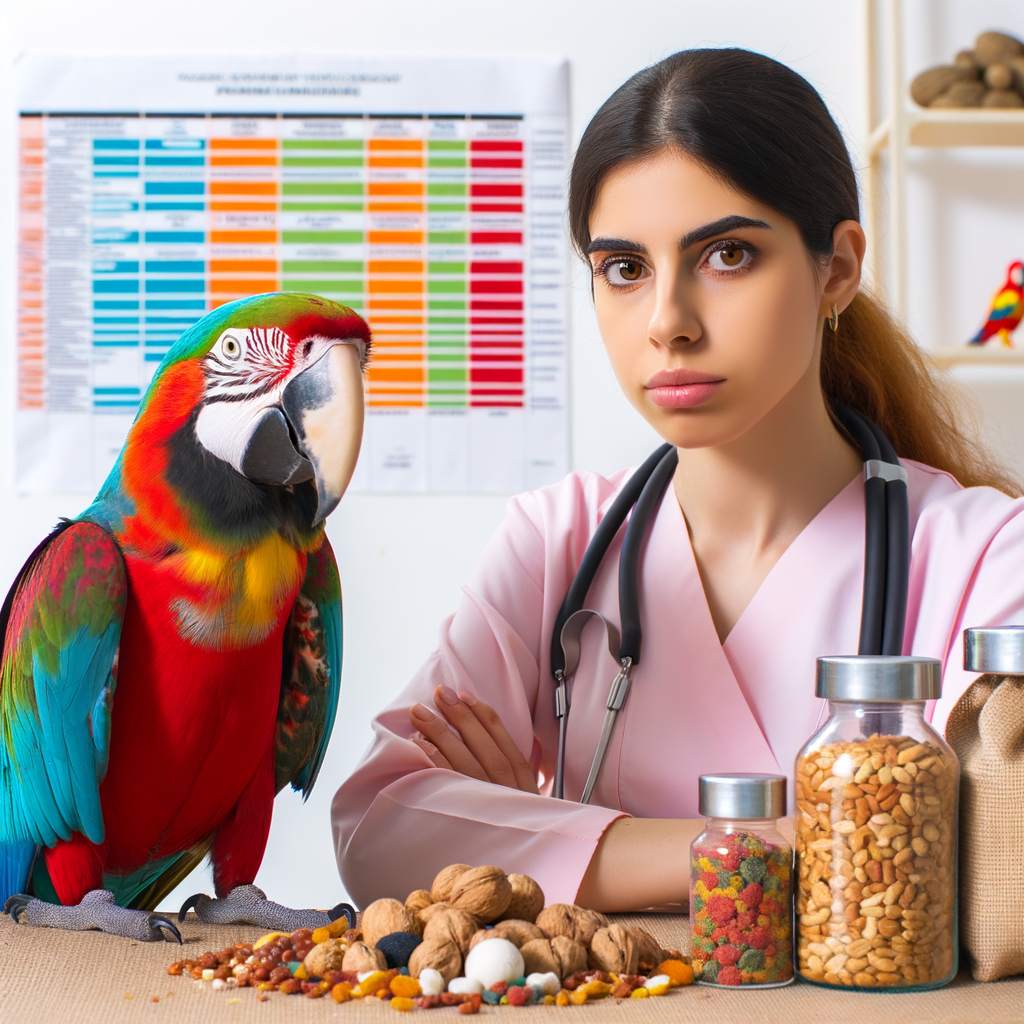 Veterinarian identifying Macaw nut allergies by examining a macaw with various bird foods on table, emphasizing the importance of a safe Macaw diet for preventing allergic reactions and maintaining Macaw health.