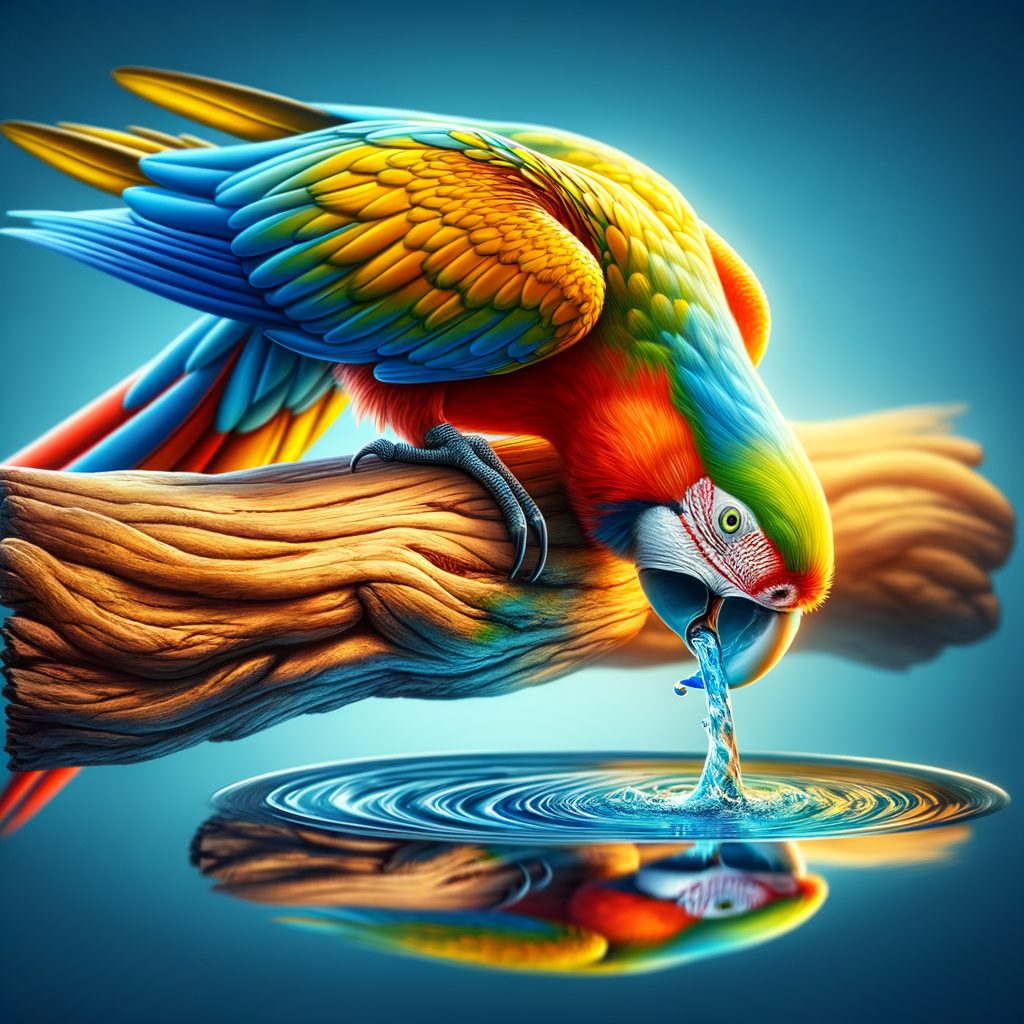 Vibrant macaw hydrating from a purified water source, emphasizing the importance of clean drinking water for macaw health and hydration.