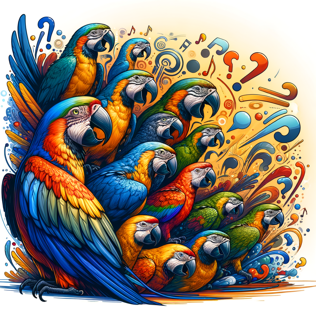 Vibrant illustration of Macaws in various poses, showcasing Macaw sounds and communication for a guide to understanding Macaw vocalizations, calls, squawks, and noises.
