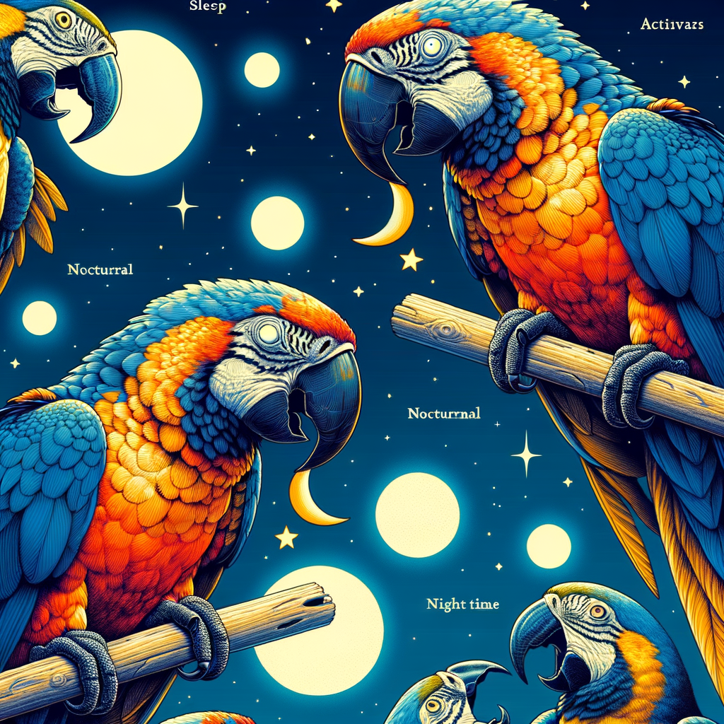 Illustration decoding Macaw nighttime habits, showing normal Macaw sleeping patterns, nocturnal behavior, and night activities for better understanding of Macaw's behavior at night.
