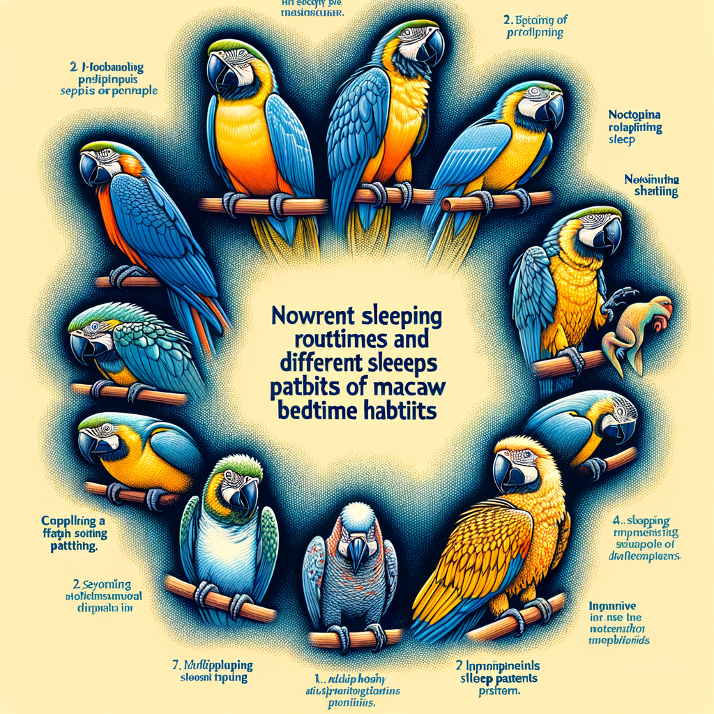 Illustration of Macaw bedtime routines and sleeping habits, providing insight into understanding Macaw behaviors and interpreting their night behaviors for a comprehensive understanding of Macaw bird sleep patterns.