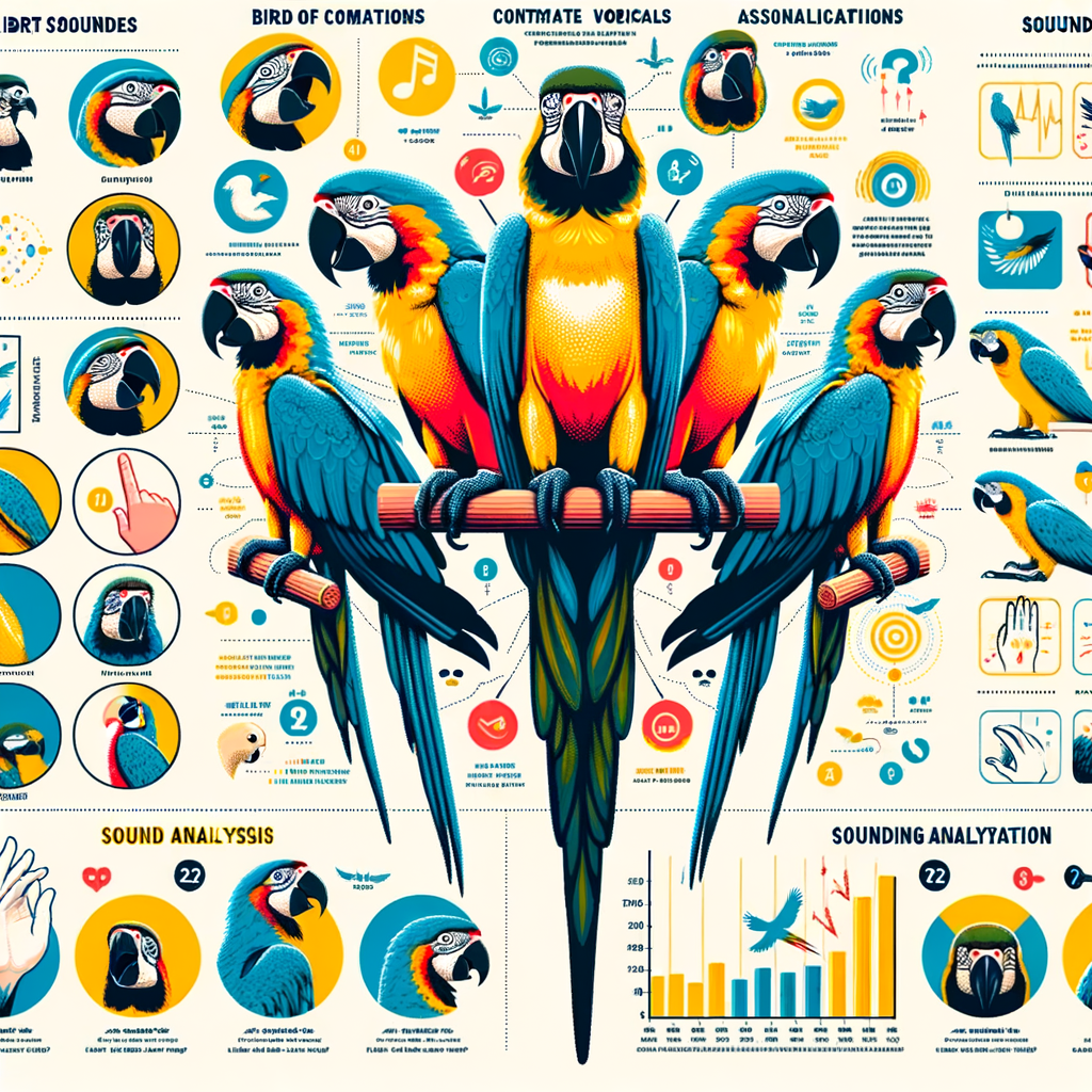 Infographic illustrating Macaw chirps, their meanings in Macaw communication and distress signals, with a sound analysis chart for understanding Macaw sounds, vocalizations, and bird language.