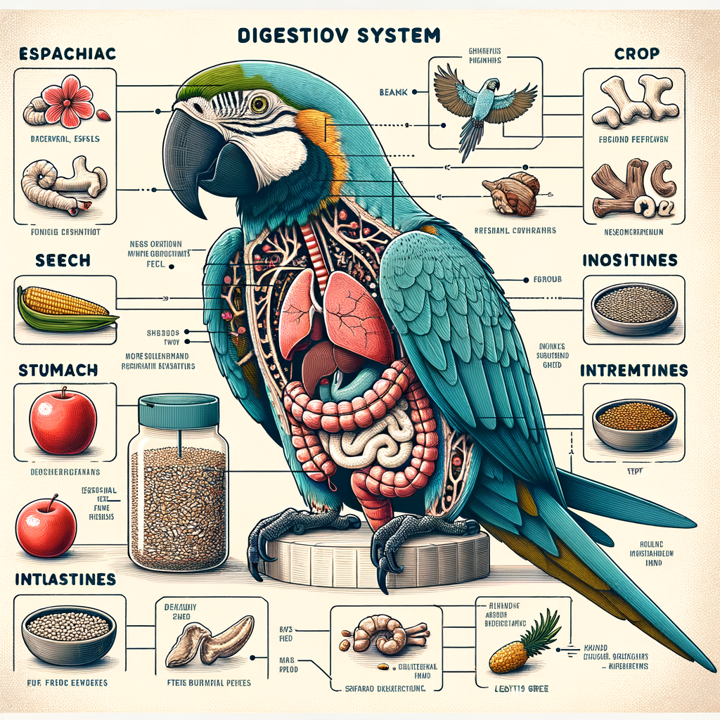 Infographic detailing Macaw digestion system, Macaw diet and nutrition essentials, and Macaw feeding guide for optimal Macaw health and care, highlighting what Macaws eat and their food requirements.
