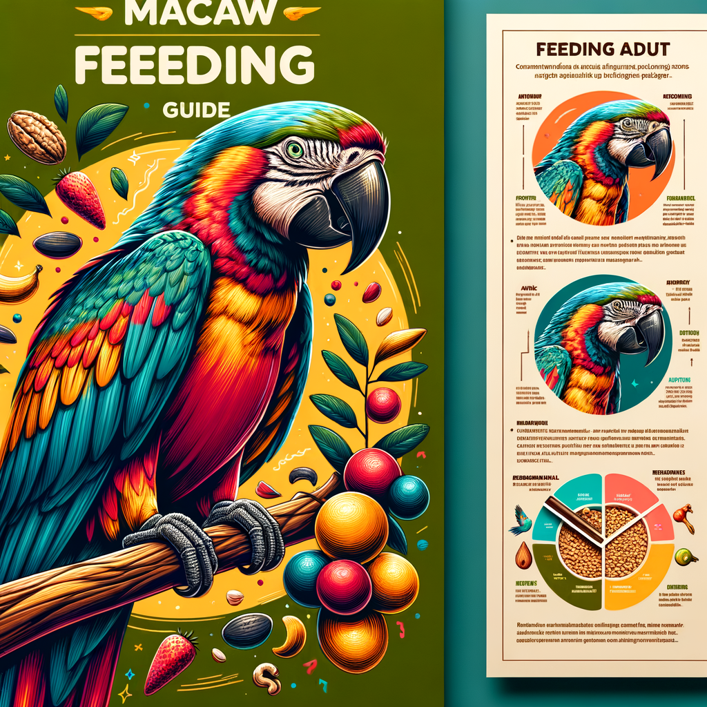 Macaw eating fruits and nuts, showcasing Macaw diet and feeding habits, with infographic on Macaw feeding guide, nutrition facts, and understanding Macaw behavior for an article on Macaw mealtime rituals and feeding behavior.