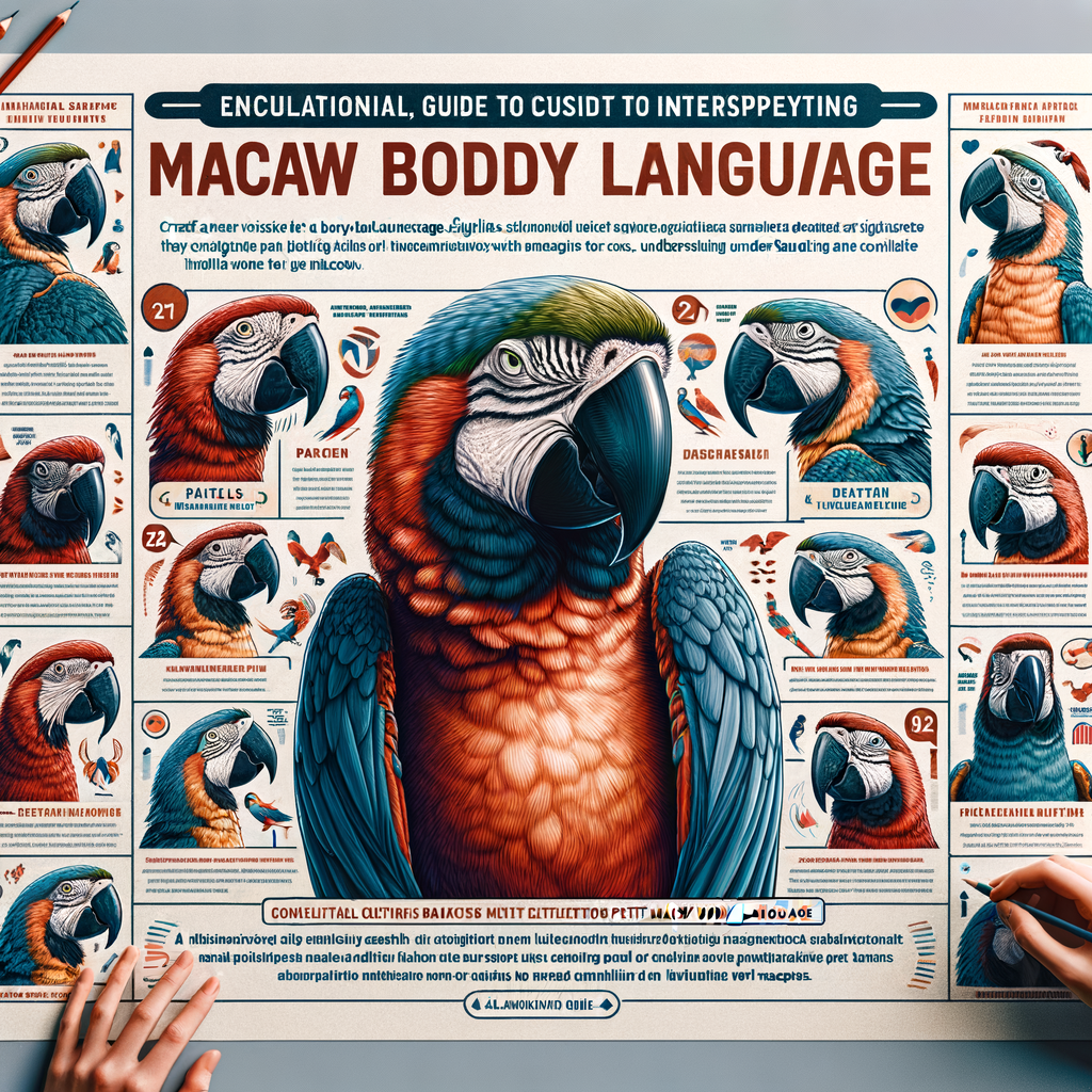 Infographic illustrating Macaw body language signals and behaviors for understanding pet Macaw communication, a beginner's guide to interpreting Macaw behavior.