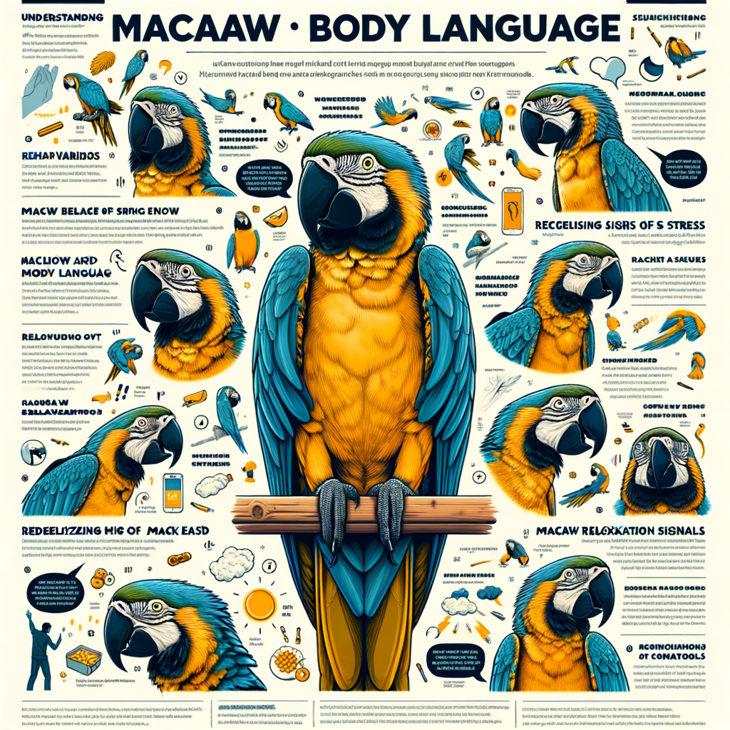 Infographic guide on understanding Macaw behavior, highlighting Macaw body language, stress indicators, and relaxation cues for recognizing signs of stress and relaxation in Macaws.
