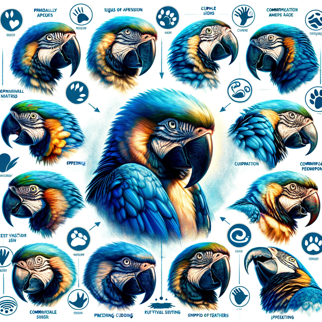 Illustration of Macaw behavior patterns, showcasing understanding Macaw body language, signs of affection like preening and cuddling, signs of aggression like ruffled feathers and beak snapping, interpreting Macaw behavior, Macaw communication, and Macaw emotional signs for pet owners.