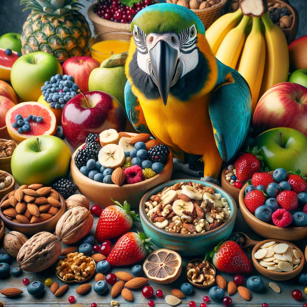 Colorful display of healthy macaw food ideas including fresh fruits, nuts, and homemade bird treats, with a macaw feeding guide emphasizing the importance of a balanced macaw diet for optimal bird nutrition.