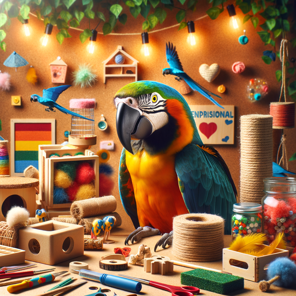 Macaw engaging with DIY bird toys in a habitat enriched for bird environmental enrichment, demonstrating Macaw DIY projects and bird enrichment ideas for happy birds.
