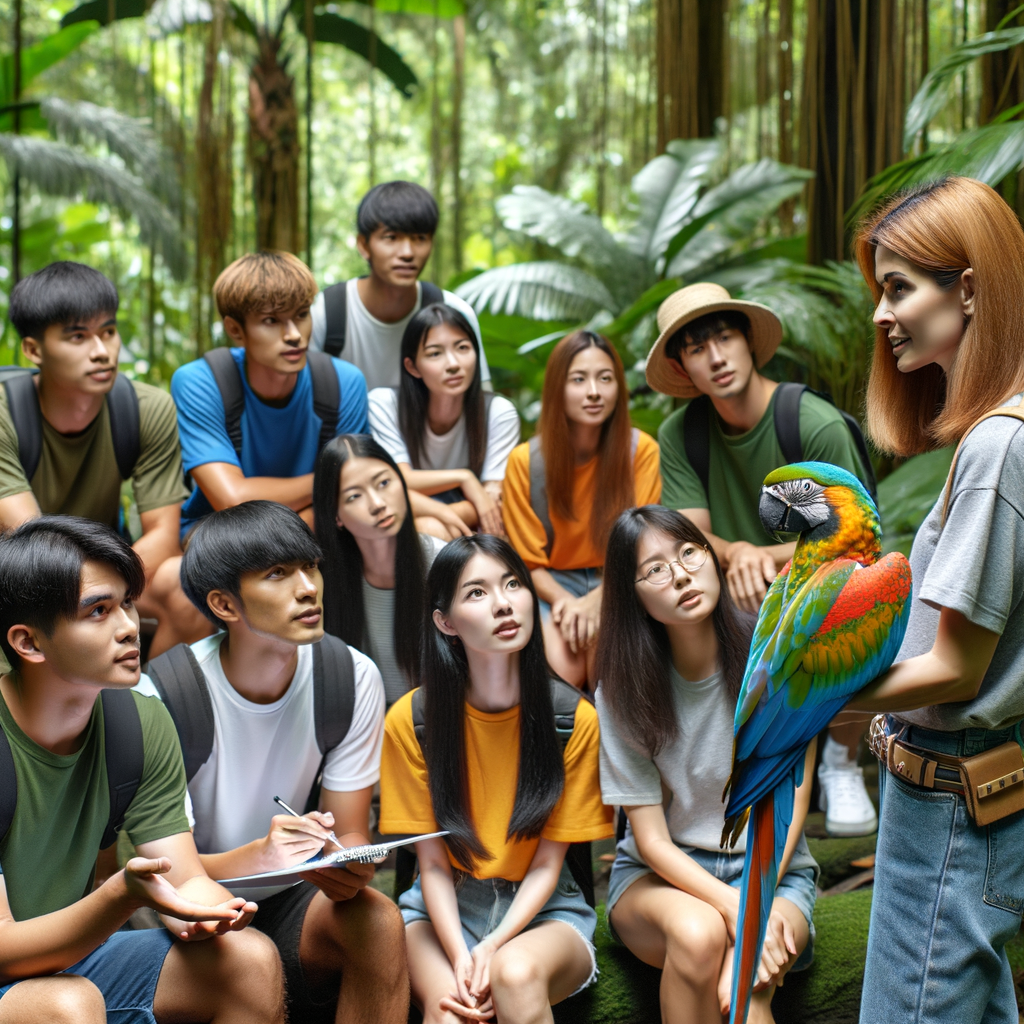 Youth engagement in Macaw Conservation Education Program, showcasing the importance of Educational Initiatives for Macaw Conservation in a tropical environment.