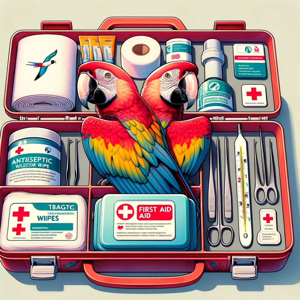 Essential items in a well-organized Macaw first aid kit, highlighting the importance of preparing for Macaw health emergencies and emphasizing Macaw emergency care essentials.