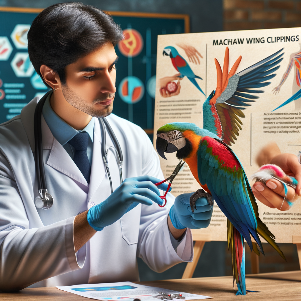 Veterinarian demonstrating Macaw wing trimming, highlighting benefits and downsides of Macaw wing clipping, alternative Macaw pet care methods, and focusing on Macaw flight feathers.