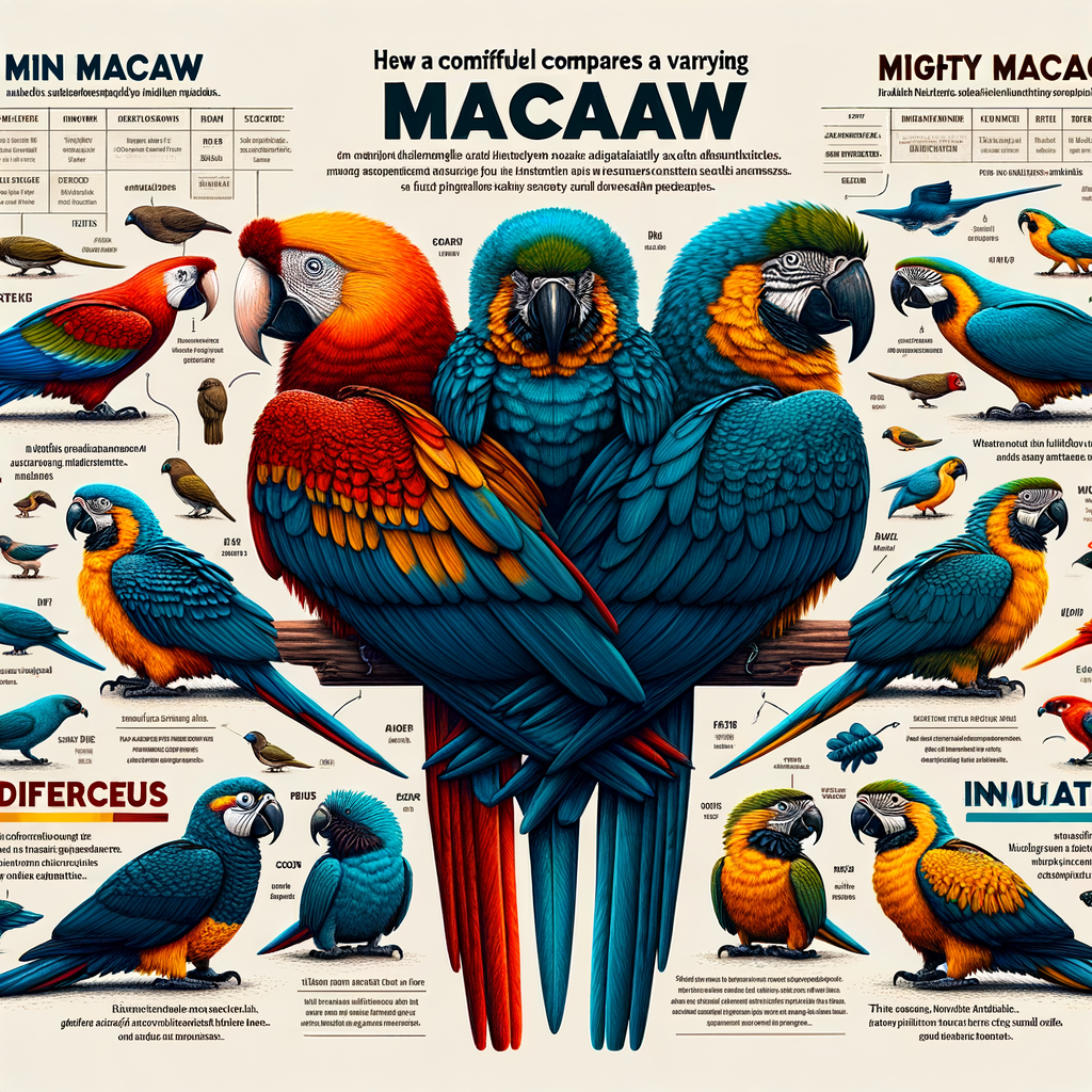 Infographic providing an overview of Macaw species, comparing characteristics of different types from Mini to Mighty Macaw, essential Macaw bird information included.