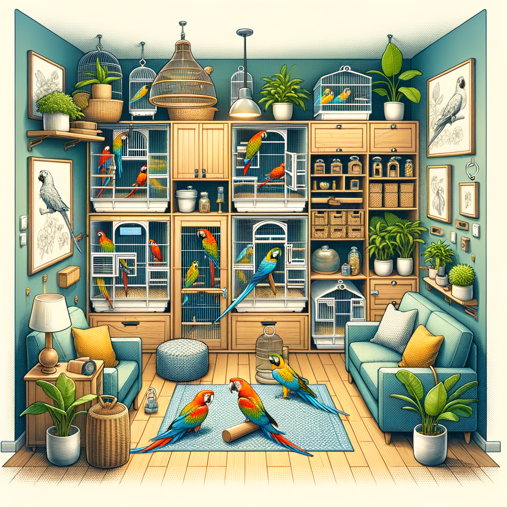 Creating a safe space for Macaws at home with Macaw-proofing tips, showcasing Macaw safety measures like secure cages, bird-safe plants, and locked cabinets for a Macaw friendly home environment.