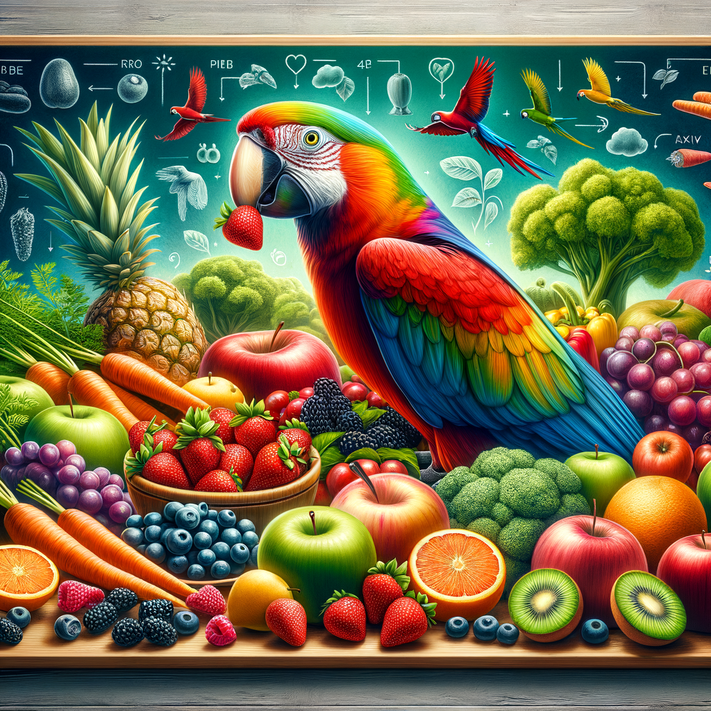 Macaw joyfully eating from a variety of fresh fruits and vegetables, demonstrating a healthy bird diet and proper Macaw nutrition, with a Macaw feeding guide chart in the background
