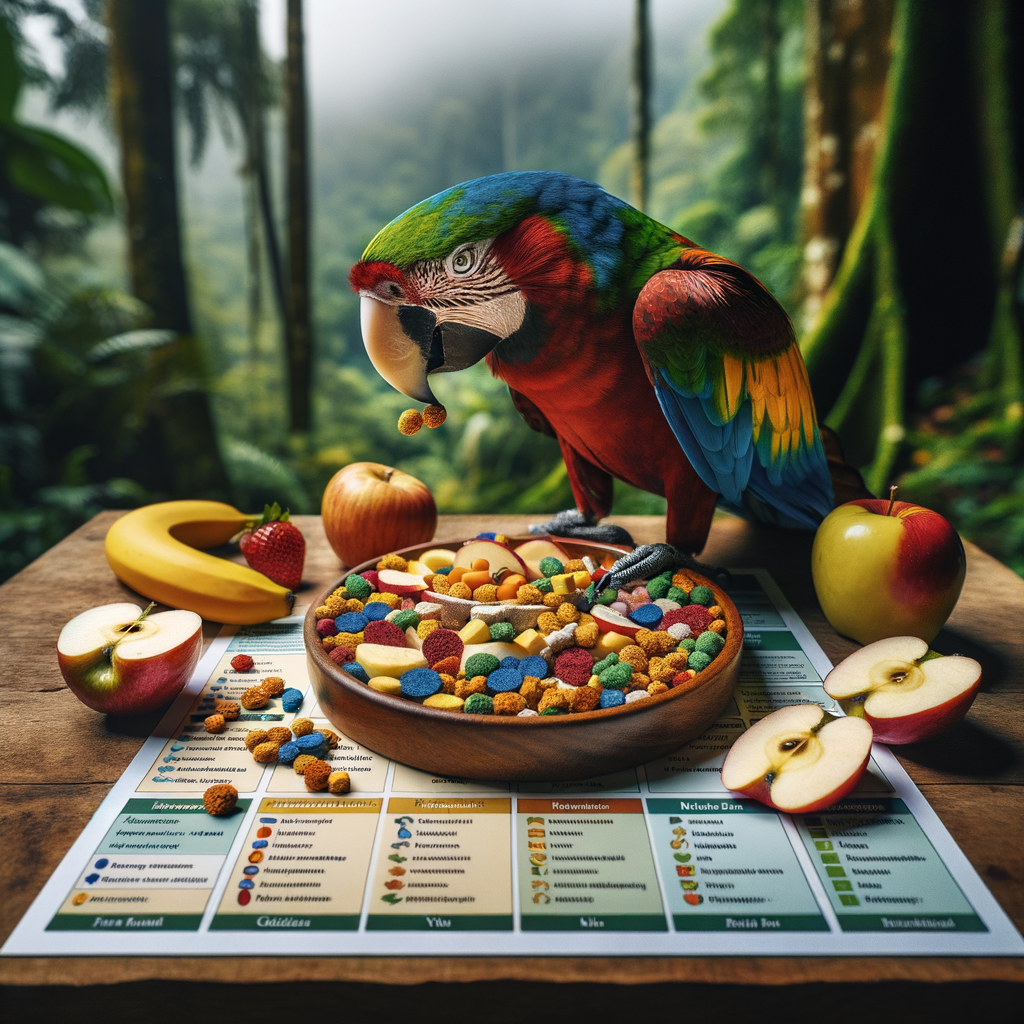 Colorful Macaw parrot enjoying a balanced diet of nutritional supplements, including vitamin pellets and fresh fruits, with a Macaw feeding guide and essential nutrients chart in the background, highlighting Macaw health, care, and nutrition.