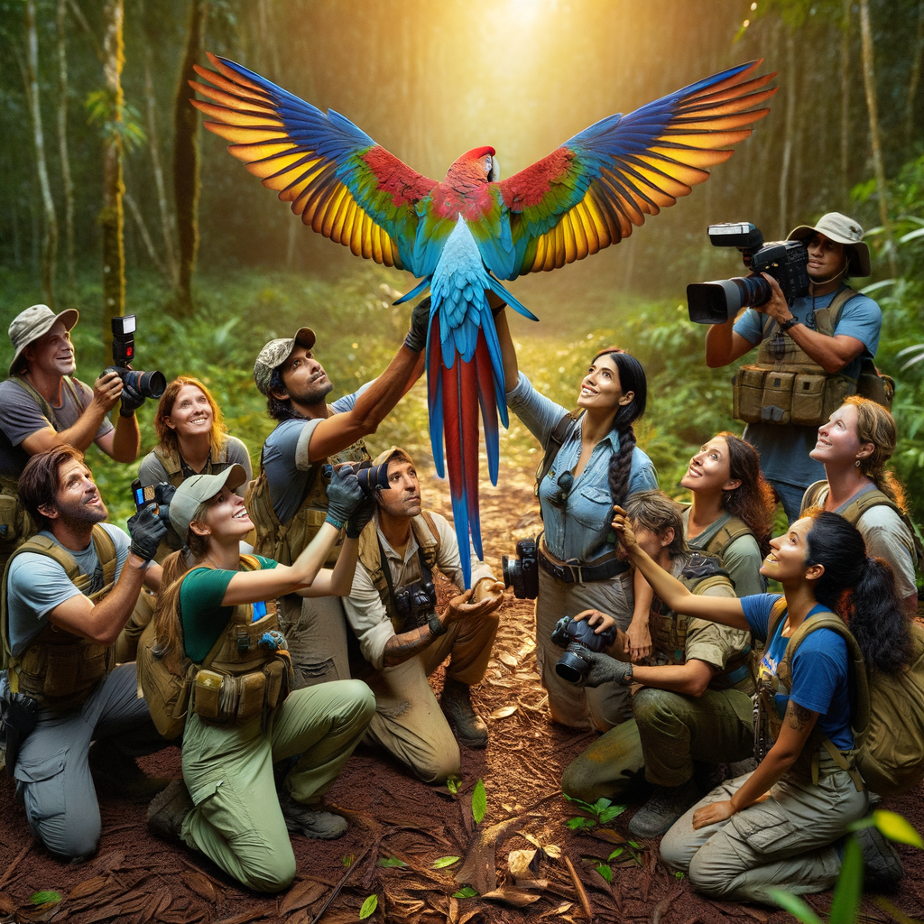 Wildlife conservationists celebrating the successful reintroduction of a vibrant Macaw to nature, highlighting the importance of Macaw conservation efforts, rescue programs, and rehabilitation in wild bird reintroduction projects.