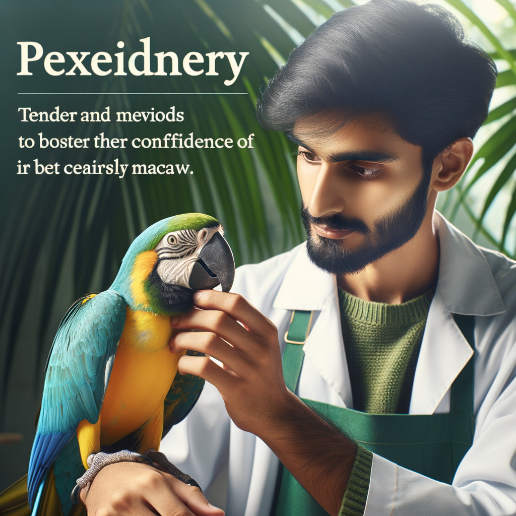 Professional bird trainer using gentle techniques for overcoming Macaw fear, building bird confidence, and coping with bird anxiety in a serene environment, highlighting anxious Macaw behavior and the importance of bird fear training.