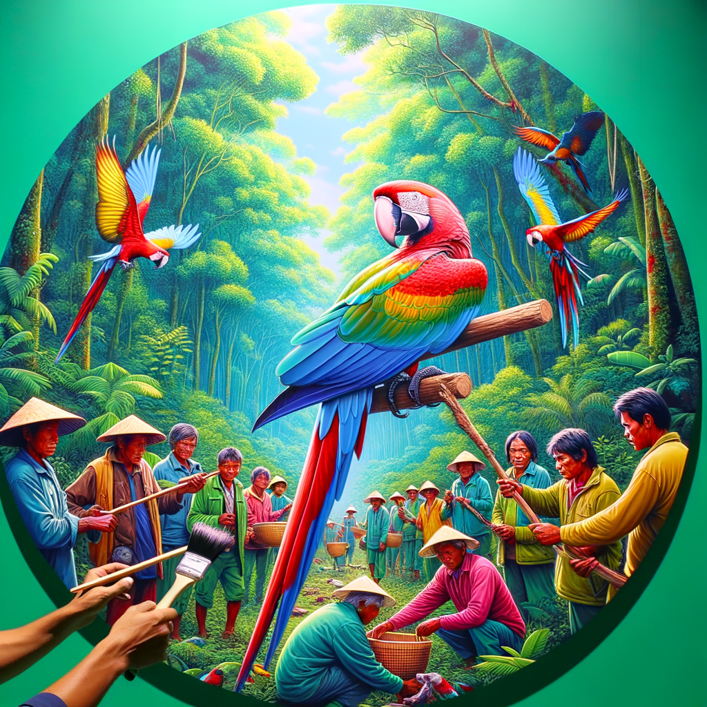 Indigenous communities working on macaw conservation in a tropical rainforest, highlighting protection partnerships, indigenous conservation efforts, and the importance of community conservation partnerships for indigenous environmental protection.