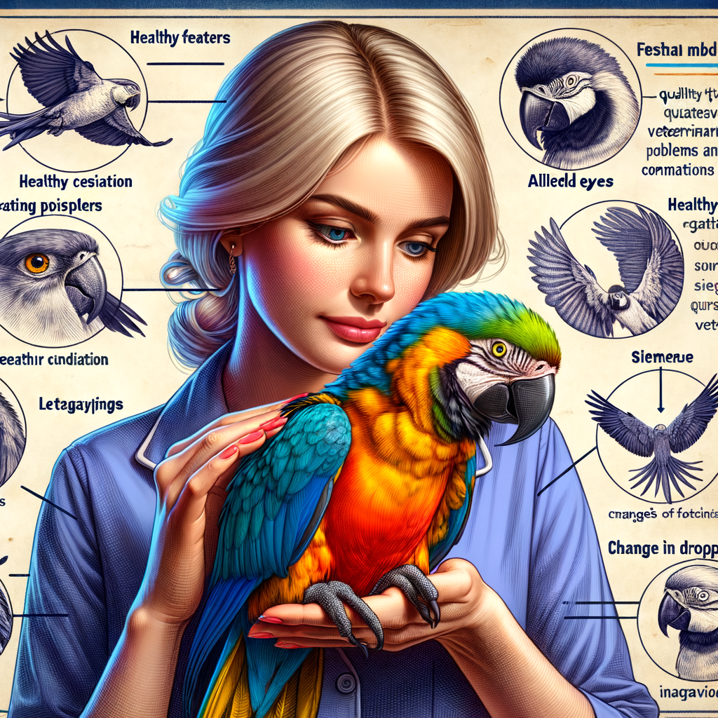 Pet owner checking Macaw health signs and symptoms, with a checklist of Macaw health issues and tips for Macaw veterinary care, emphasizing when to take a Macaw to the vet.