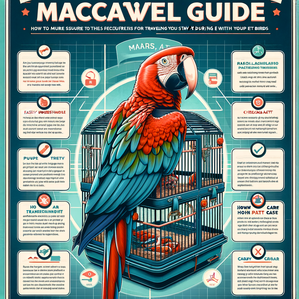 Infographic providing a comprehensive Macaw travel guide with bird travel safety tips, pet bird travel advice, and tips on keeping Macaws safe while traveling, ideal for bird owners seeking travel precautions.