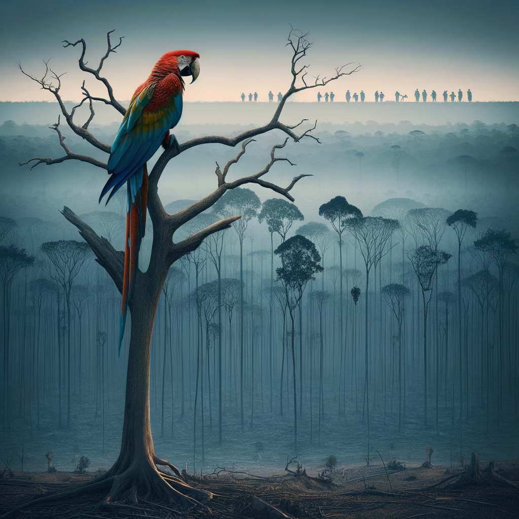 Macaw perched on a tree in a deforested area, symbolizing Macaw habitat loss and the impact of deforestation on Macaws, with a focus on Macaw conservation, rescue efforts, and preservation initiatives.