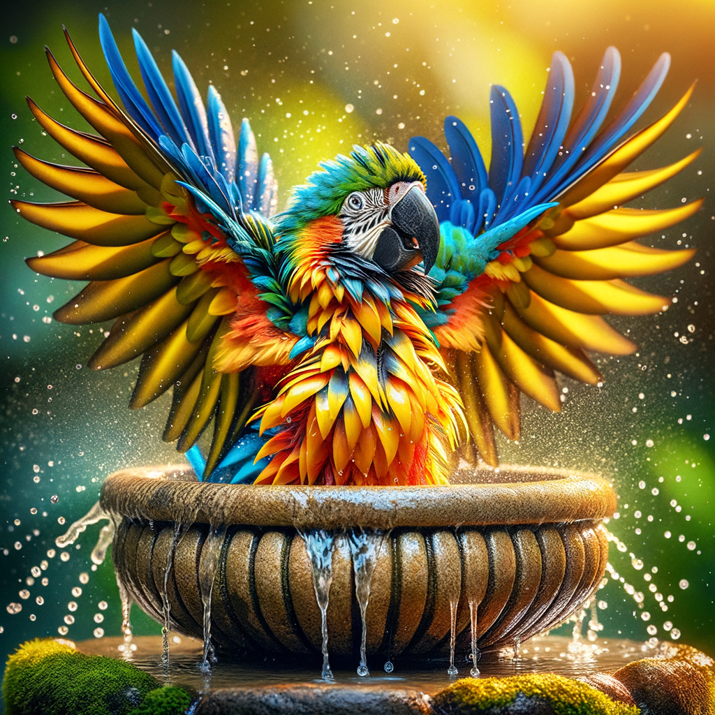 Vibrant Macaw demonstrating bathing behaviors and grooming habits, providing practical Macaw hygiene tips and encouraging bird bathing techniques for cleanliness.
