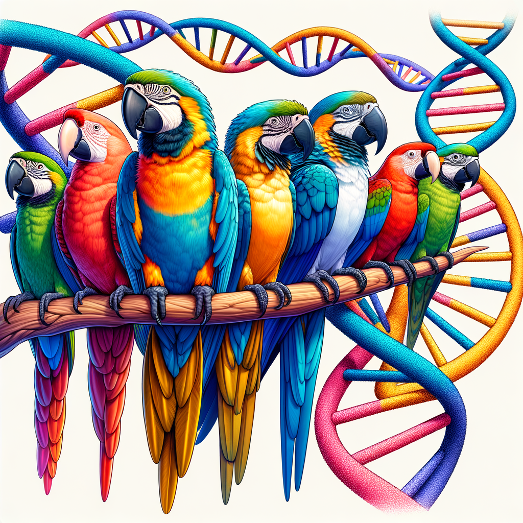 Vibrant Hybrid Macaws perched on a branch, symbolizing Macaw Hybridization and Genetics, illustrating the blurring species lines in Exotic Bird Breeding and Parrot Hybridization.