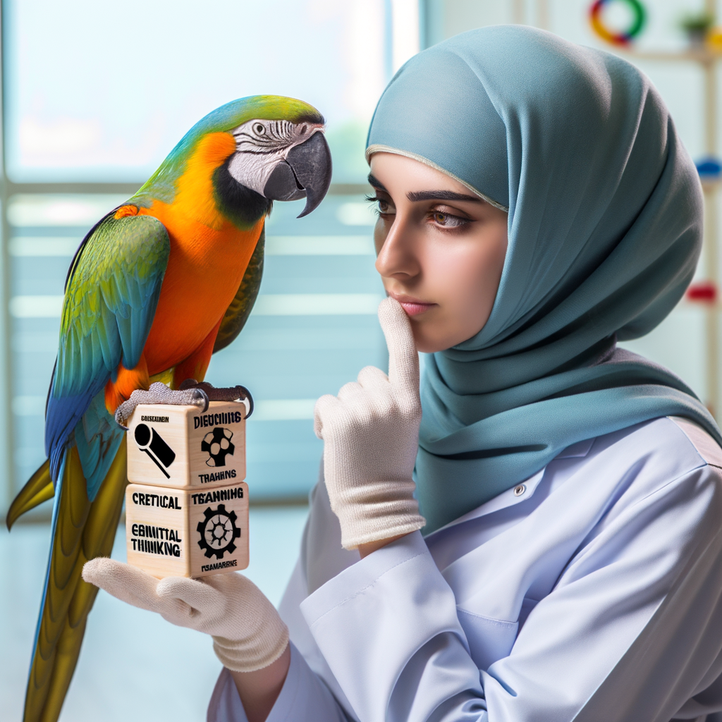 Professional bird trainer using innovative Macaw training techniques to enhance Macaw cognitive skills and improve understanding of Macaw behavior for problem-solving and critical thinking.