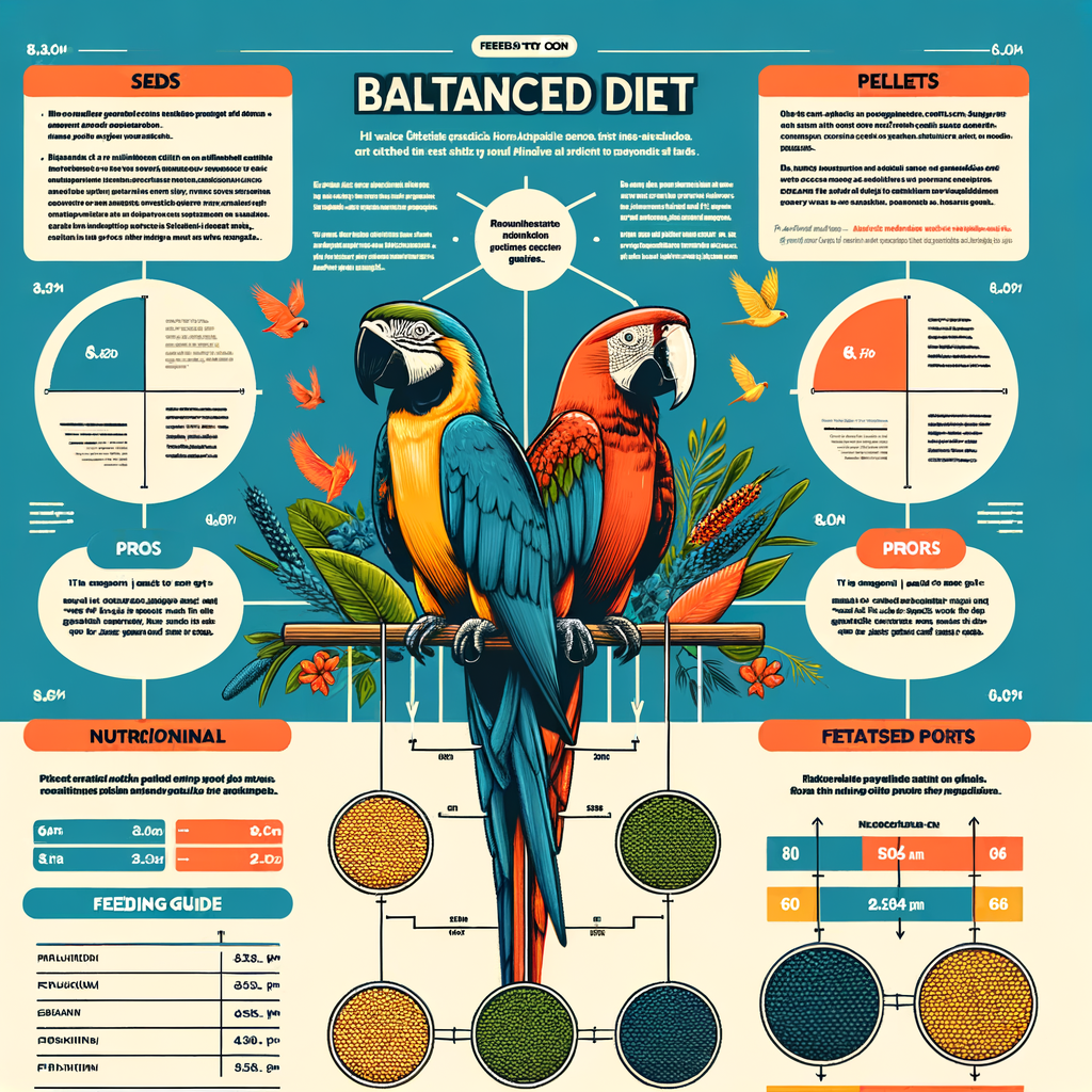 Infographic detailing Macaw diet and nutrition, comparing seeds for Macaws and pellets for Macaws, highlighting the balanced diet for Macaws, including a Macaw feeding guide, discussing Macaw dietary needs, and emphasizing a healthy diet for Macaws.