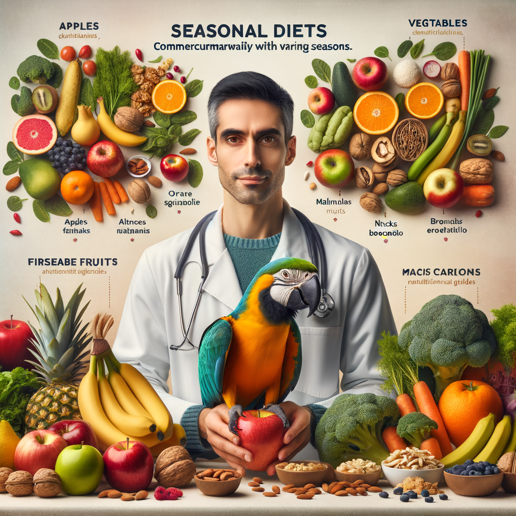 Veterinarian demonstrating seasonal diet for macaws with fresh fruits, vegetables, and nuts, providing a macaw feeding guide and care tips to highlight the importance of adjusting macaw diet and meeting their changing nutritional needs across different seasons.