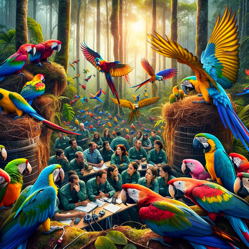 Vibrant macaws in natural habitat with conservationists working on macaw protection strategies, highlighting challenges in macaw conservation like habitat destruction and illegal pet trade, and success in wildlife conservation through macaw species preservation.