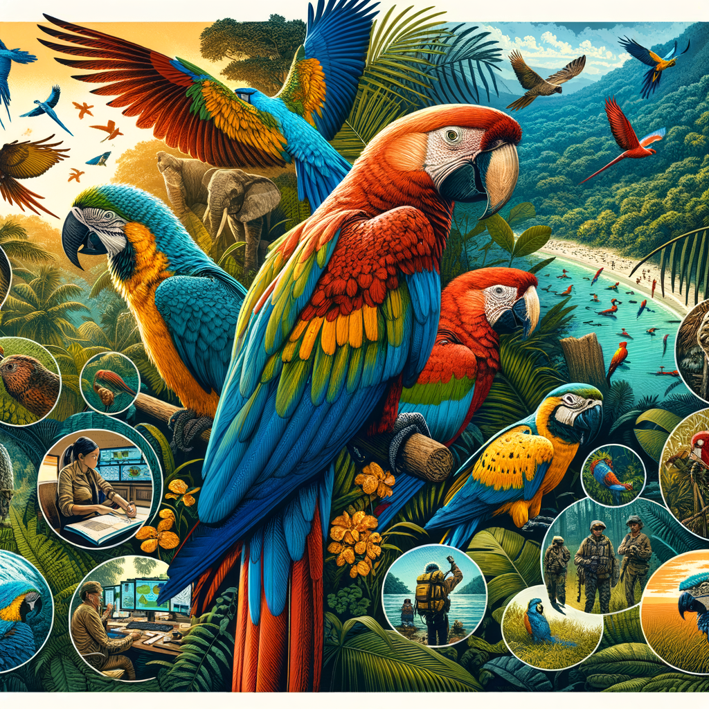 Diverse Macaw species in natural habitat illustrating contrast between Critically Endangered and Least Concern Macaws, highlighting threats and conservation efforts for Macaw protection and habitat preservation.