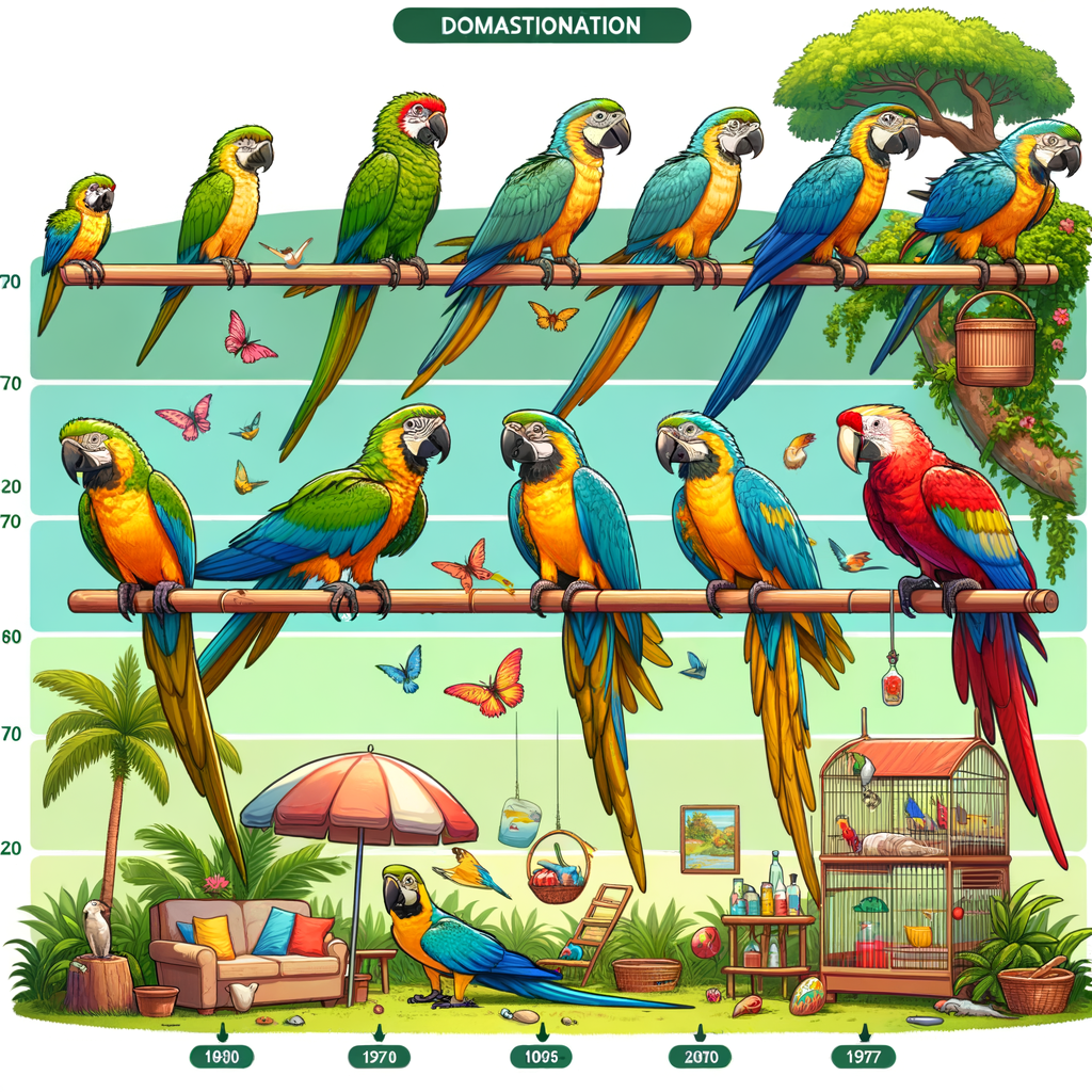 SEO-optimized image showcasing the macaw domestication history timeline, illustrating the evolution from jungle to living room macaw, highlighting various domesticated macaw species and the process of macaw domestication in a home environment.
