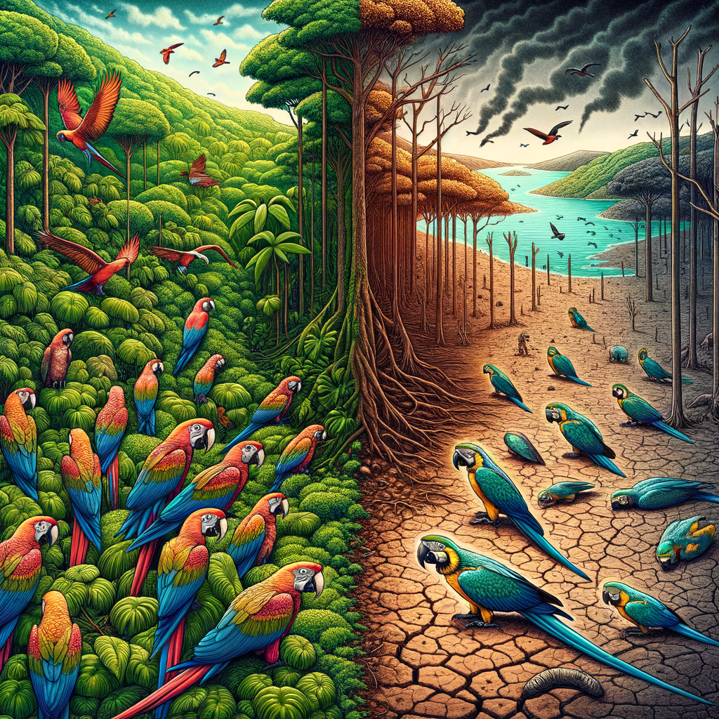 Vivid illustration of climate change effects on Macaw habitats, showcasing the stark contrast between thriving and deteriorating environments, highlighting Macaw habitat loss and the threat to Macaw conservation due to global warming.