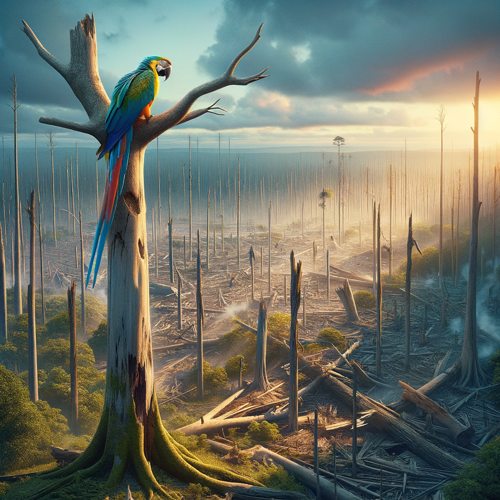 Macaw perched on a barren tree, symbolizing the impact of the global deforestation crisis on Macaw species, highlighting Macaw habitat loss and the urgent need for conservation.