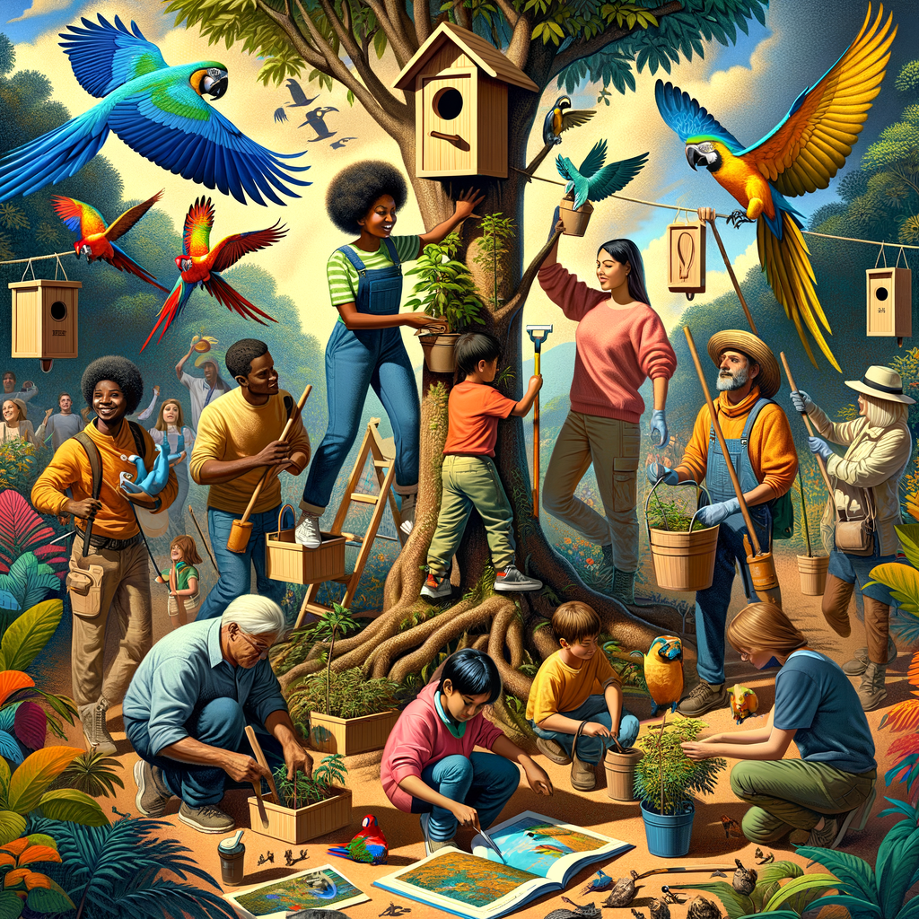 Community involvement in conservation efforts for endangered Macaws, showcasing tree planting, birdhouse installation, and Macaw preservation education for habitat protection.