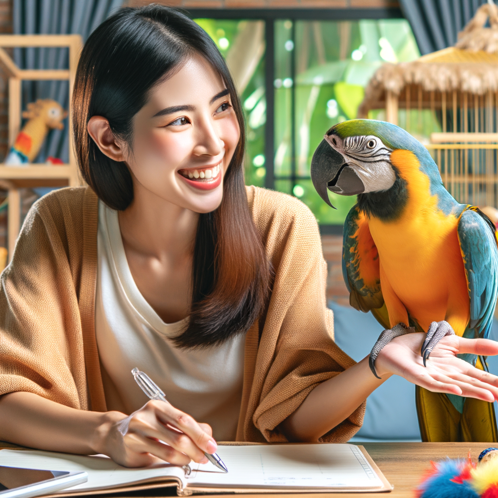 Owner training a happy Macaw, showcasing Macaw socialization tips and care guide for building a strong bond, emphasizing on Macaw behavior tips and companionship for socializing pet birds.