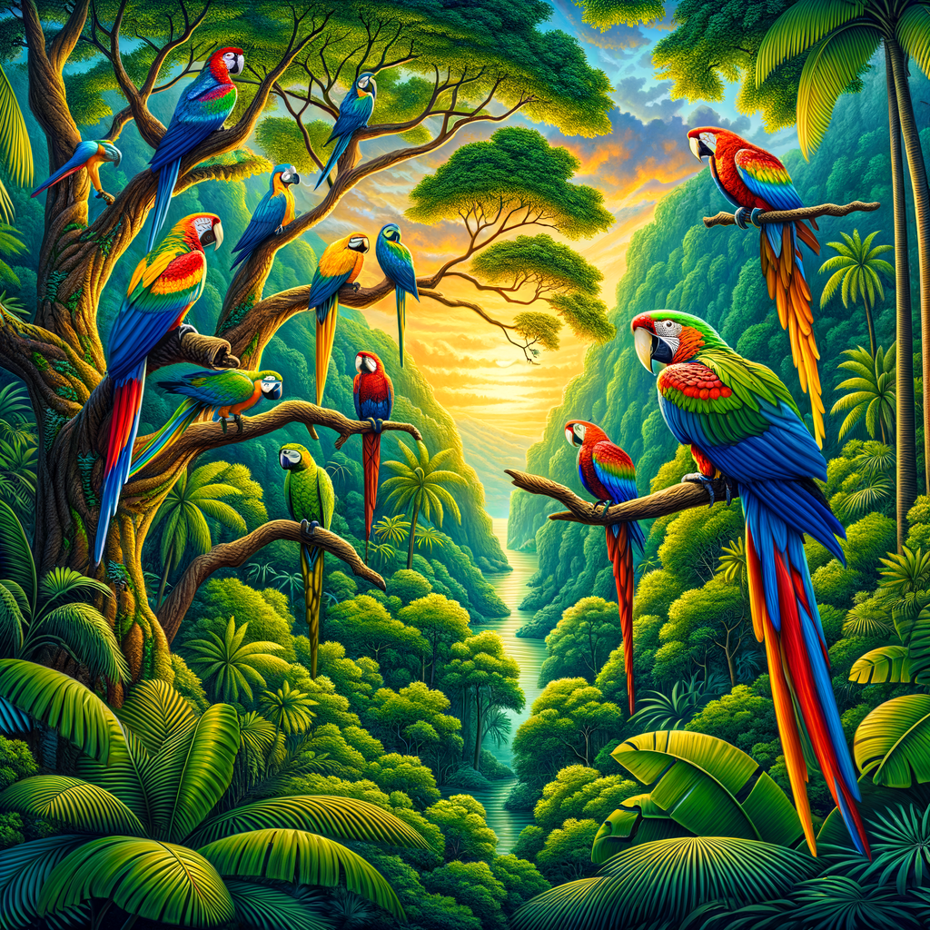 Colorful Macaws showcasing Macaw Diversity in their natural habitat, a Tribute to Nature's Masterpieces emphasizing Macaw Conservation and biodiversity of these tropical birds.
