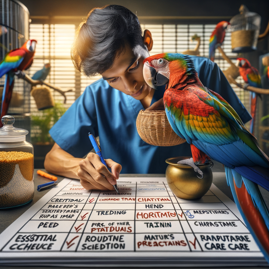 Professional Macaw trainer setting up a detailed Macaw care routine, highlighting the importance of routine for Macaws, feeding schedule, training times, and showcasing Macaw behavior throughout the day.