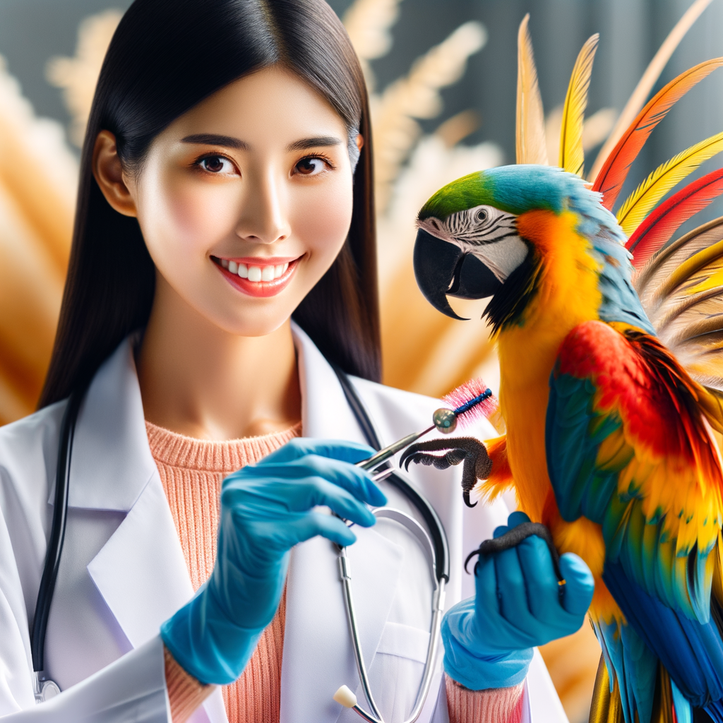 Veterinarian demonstrating Macaw feather maintenance with specialized tools, emphasizing the importance of caring for Macaw feathers for optimal plumage health and showcasing a vibrant, healthy Macaw with well-maintained feathers.