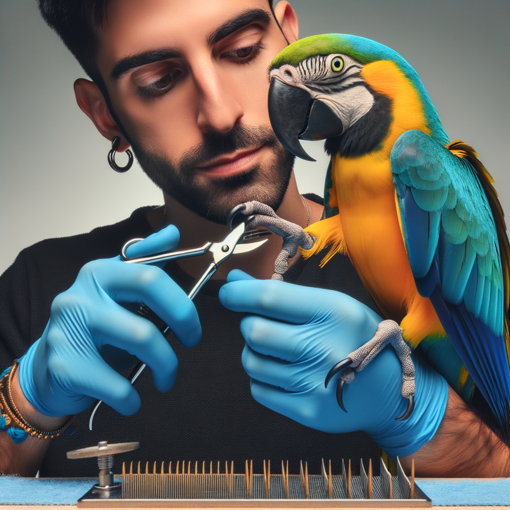 Professional bird groomer demonstrating step-by-step macaw nail trimming techniques, highlighting the importance of macaw nail care and grooming for macaw health, with a focus on the tools used and the proper holding technique.