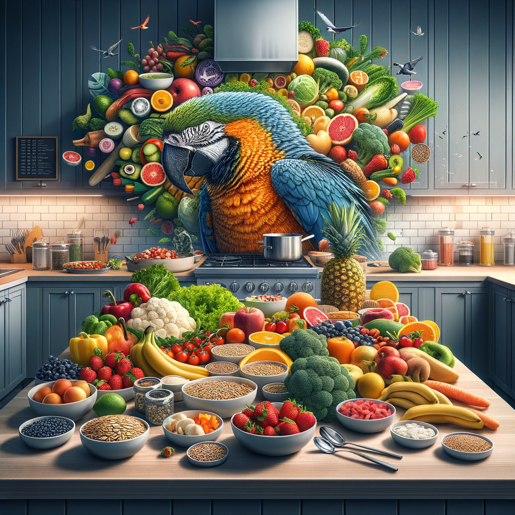 Efficient Macaw food prep highlighting a variety of fresh fruits, vegetables, and bird seeds for a balanced Macaw diet, simplifying bird feeding time and emphasizing Macaw nutrition as per a comprehensive Macaw feeding guide.