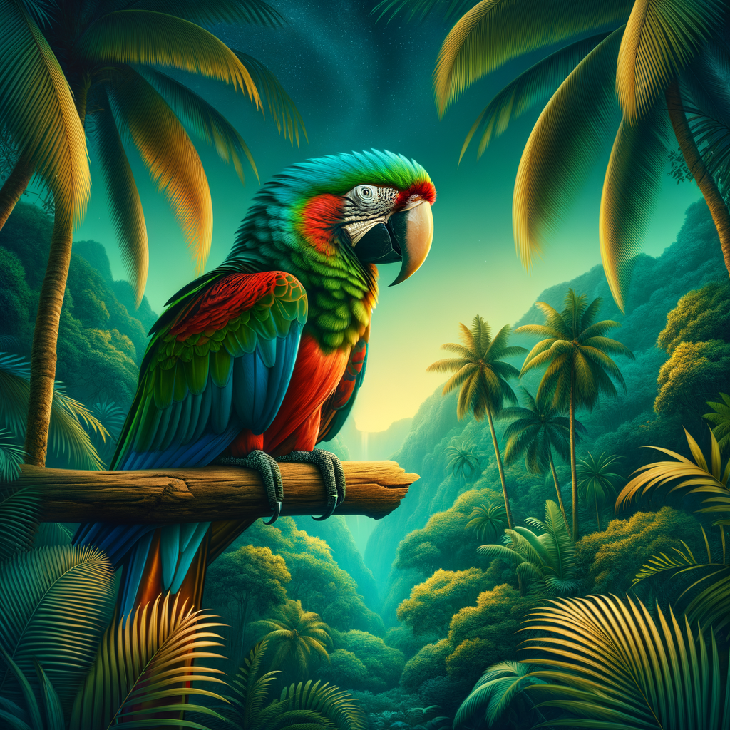 Endearing Hahn's Macaw bird showcasing its distinctive characteristics, perched on a branch in a tropical backdrop for a Macaw species spotlight article.