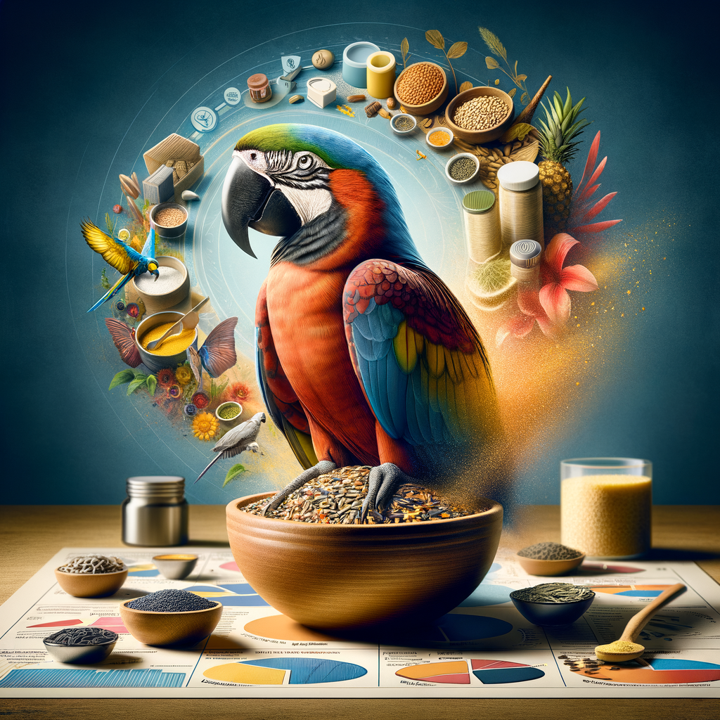 Macaw enjoying a balanced seed mix for optimal nutrition, with a macaw feeding guide and nutrition tips in the background, emphasizing the importance of a proper diet for these exotic birds.