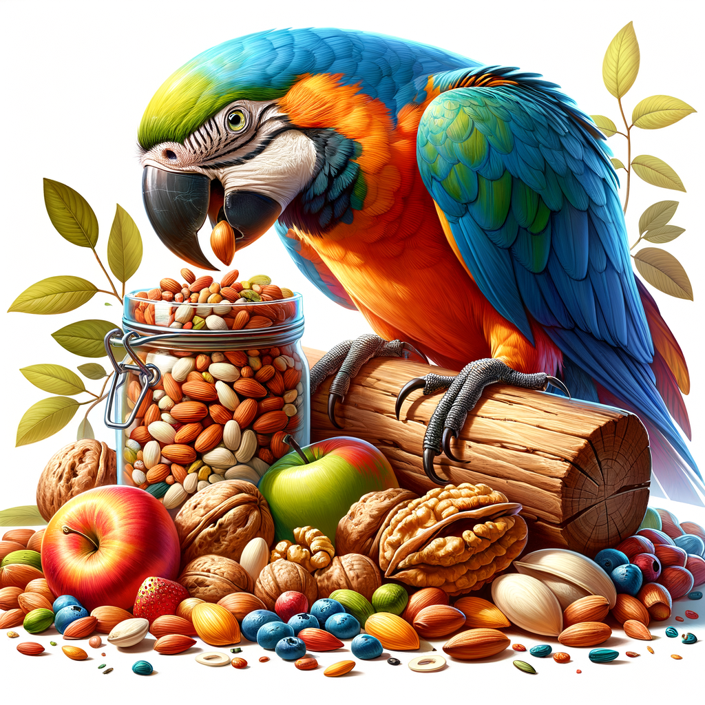 Vibrant macaw enjoying protein-rich foods on a branch, highlighting the importance of protein in macaw diet for their health and wellbeing, key to macaw nutrition and dietary needs.