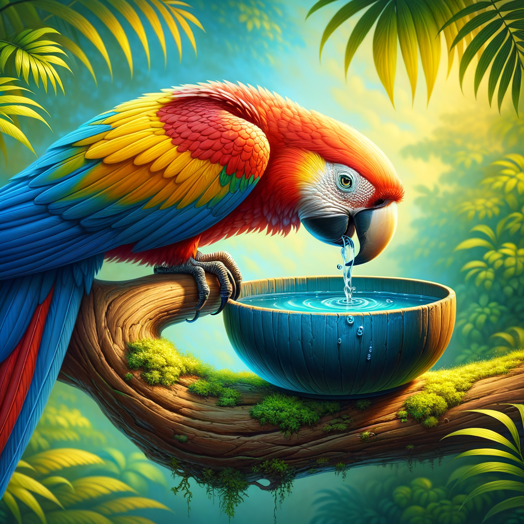 Macaw hydrating from a bowl of fresh water, showcasing the importance of fresh water for birds' health and the hydration needs of Macaws.